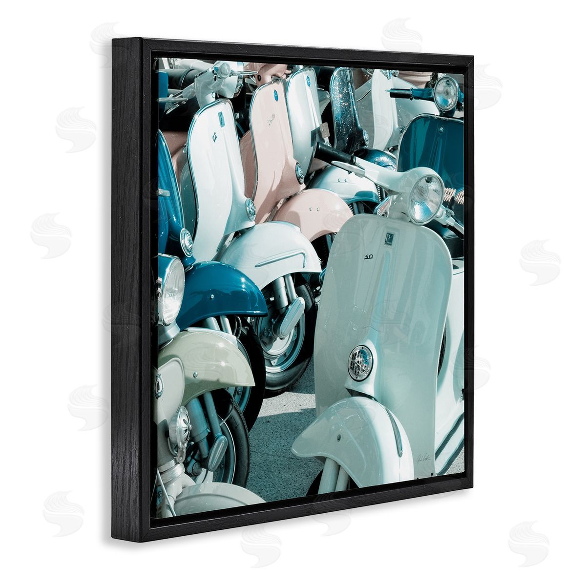 Lined Up Italian Scooters Black Floating Frame Canvas Wall Art, Home Decor by Deborah Revell
