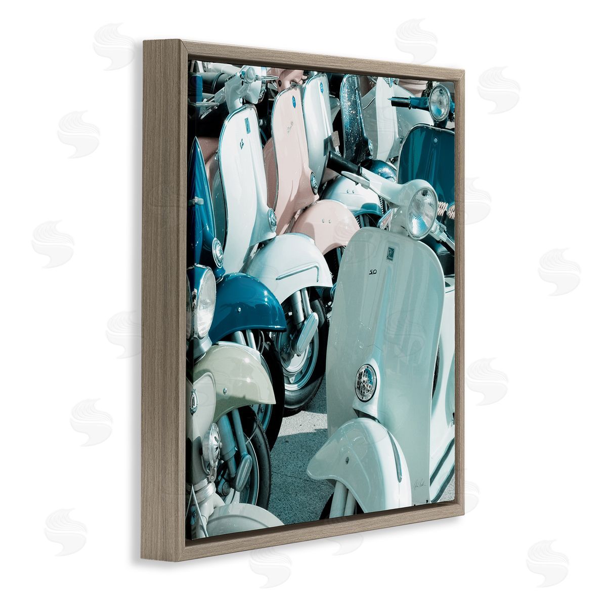 Lined Up Italian Scooters Brown Floating Frame Canvas Wall Art, Home Decor by Deborah Revell
