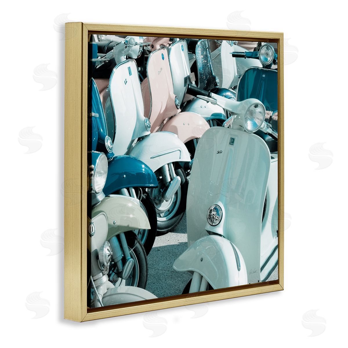 Lined Up Italian Scooters Gold Floating Frame Canvas Wall Art, Home Decor by Deborah Revell