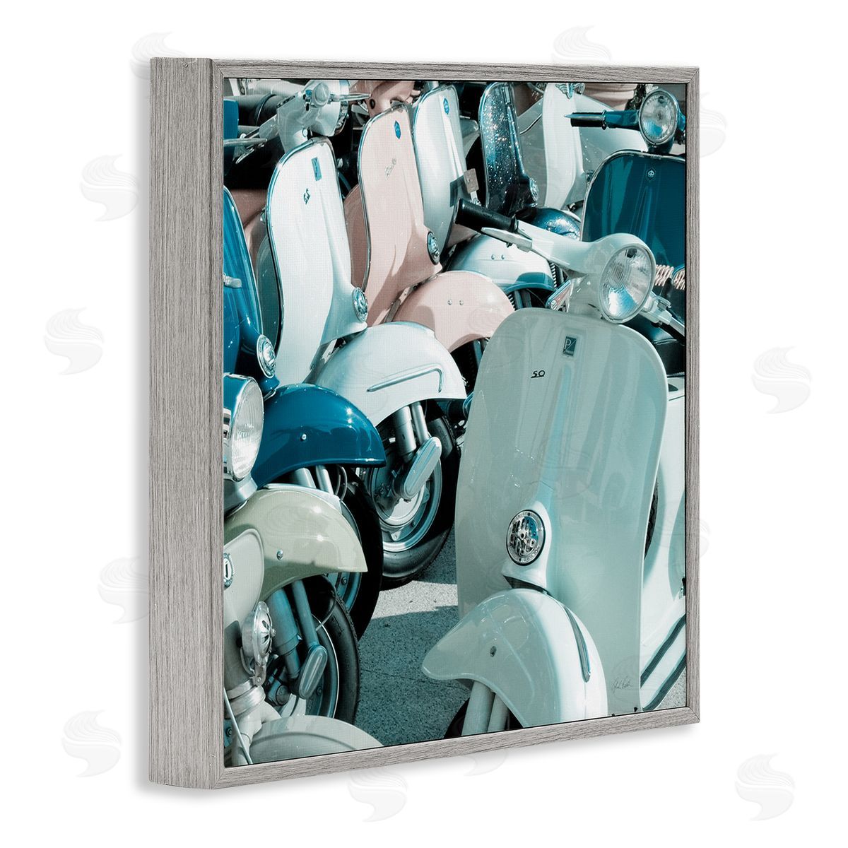 Lined Up Italian Scooters Grey Frame Print Wall Art, Home Decor by Deborah Revell