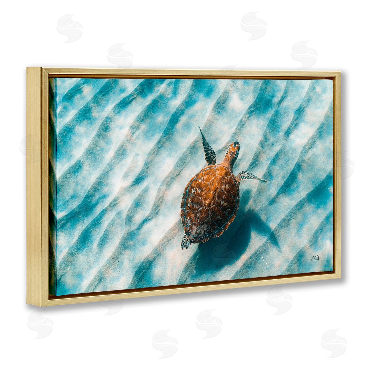 Sandbar Sea Turtle Gold Floating Frame Canvas Wall Art, Home Decor by Max Blakesberg Studios