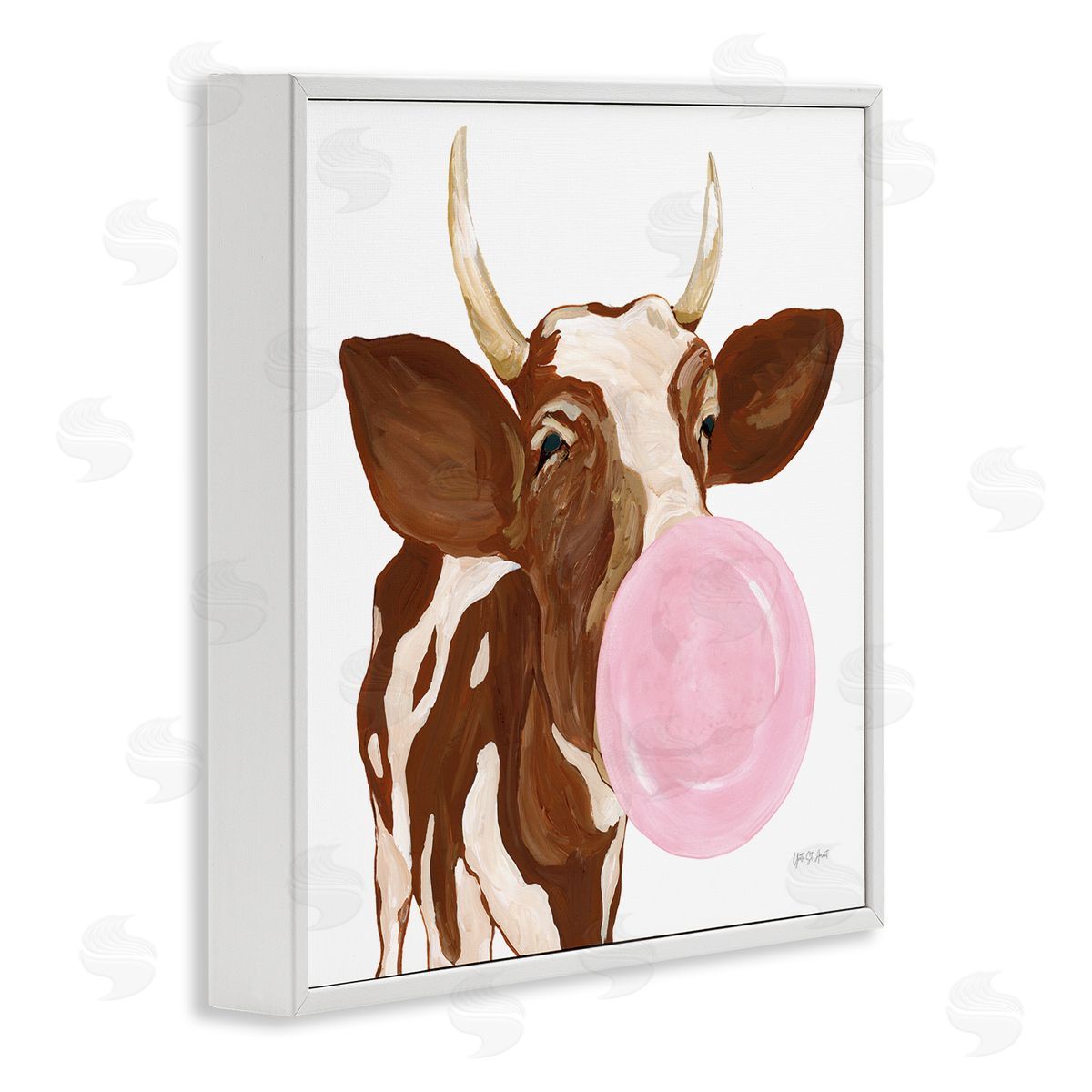 Happy Bubblegum Cow White Frame Print Wall Art, Home Decor by Yvette St. Amant
