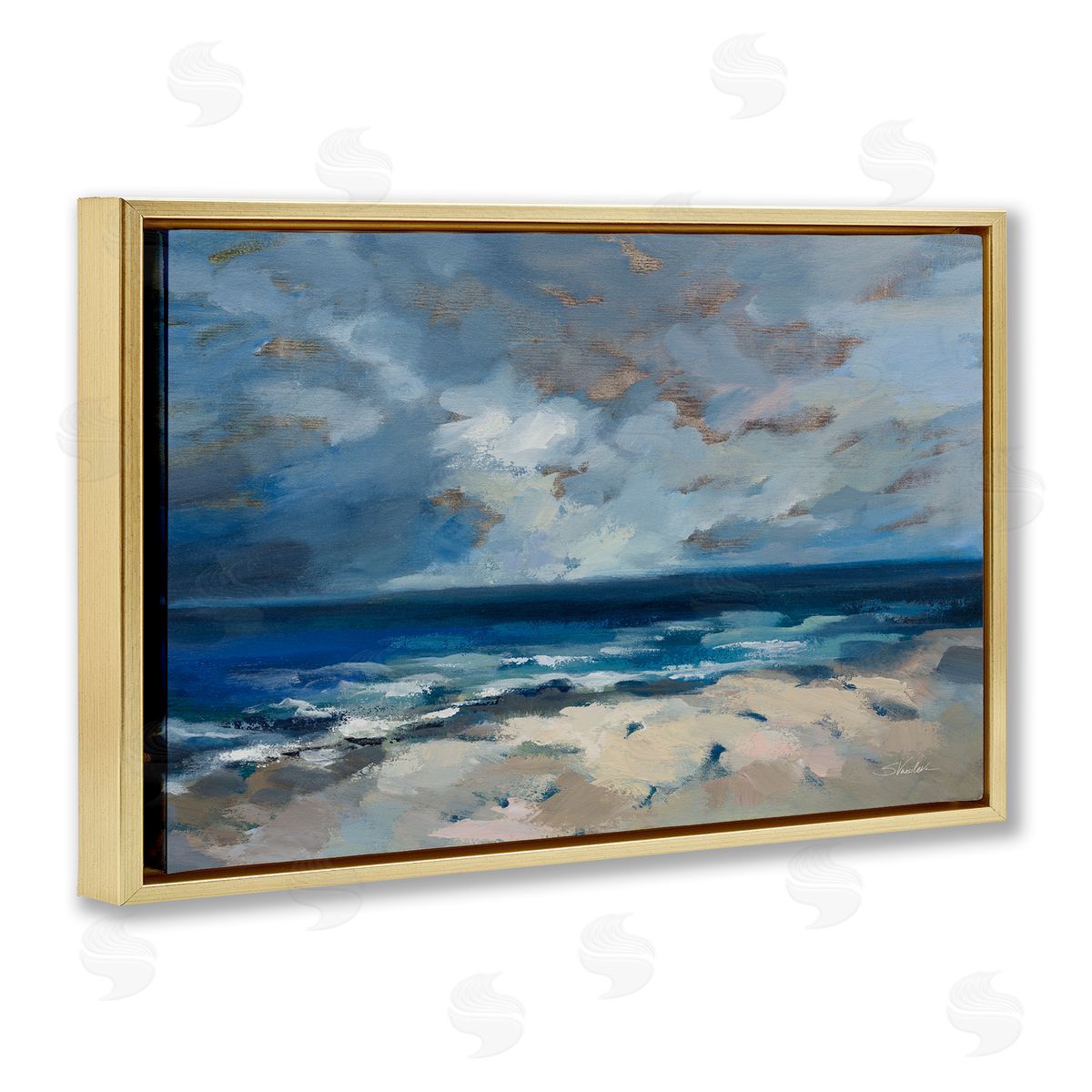 Beach Before The Storm Gold Floating Frame Canvas Wall Art, Home Decor by Silvia Vassileva
