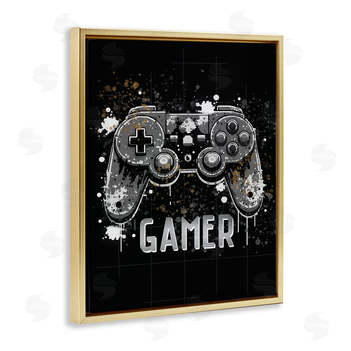 Gamer with Modern Splash Gold Floating Frame Canvas Wall Art, Home Decor by Kim Allen