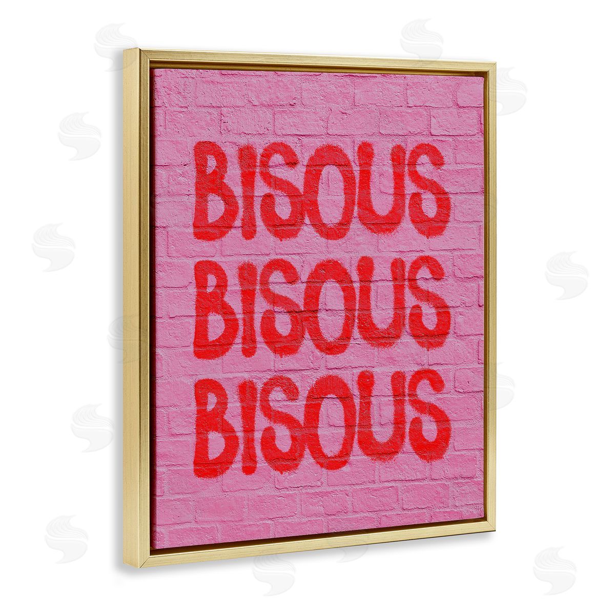 Bisous on Brick Pattern Gold Floating Frame Canvas Wall Art, Home Decor by House of Lulu