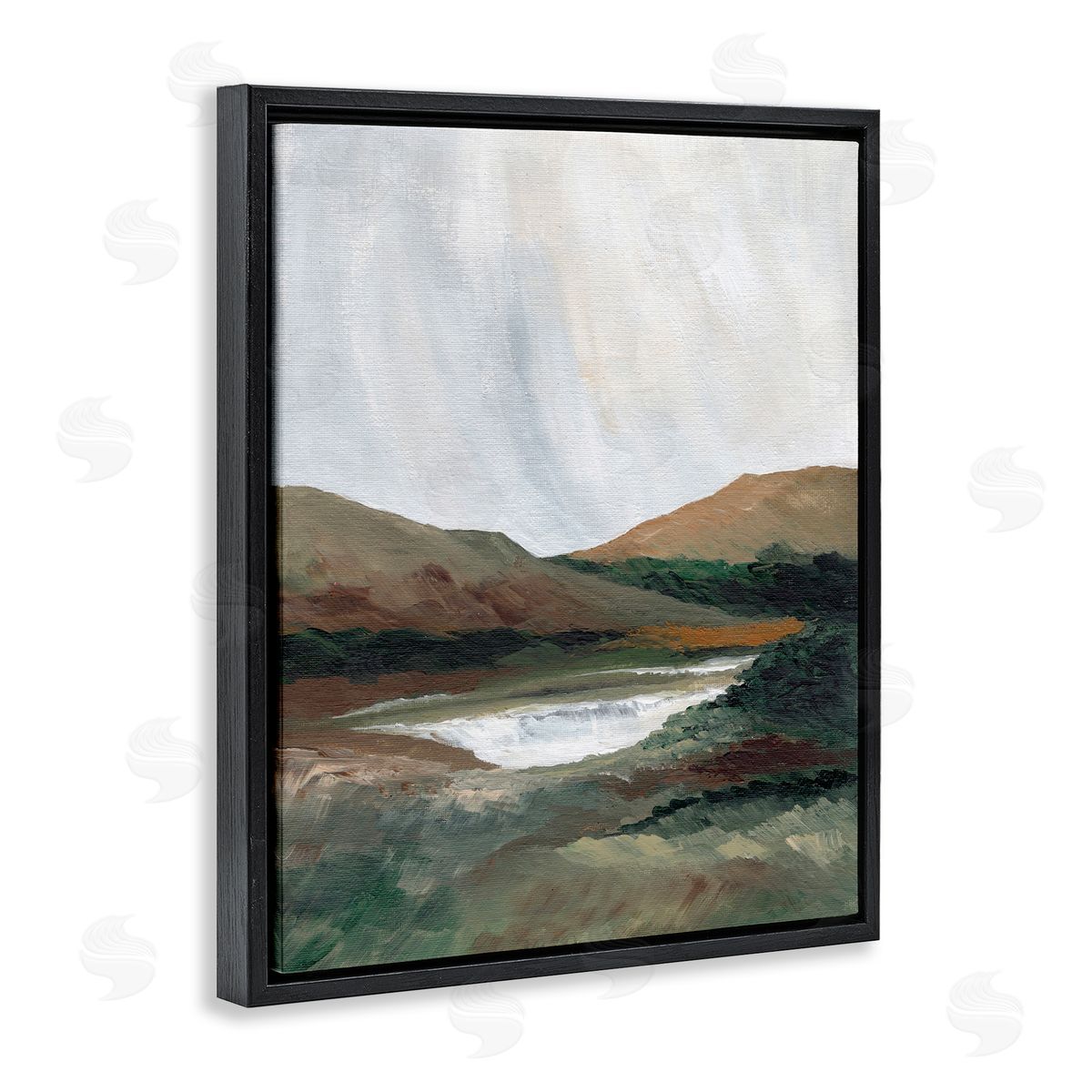 Two Mountains with Pond Black Floating Frame Canvas Wall Art, Home Decor by Nikita Jariwala