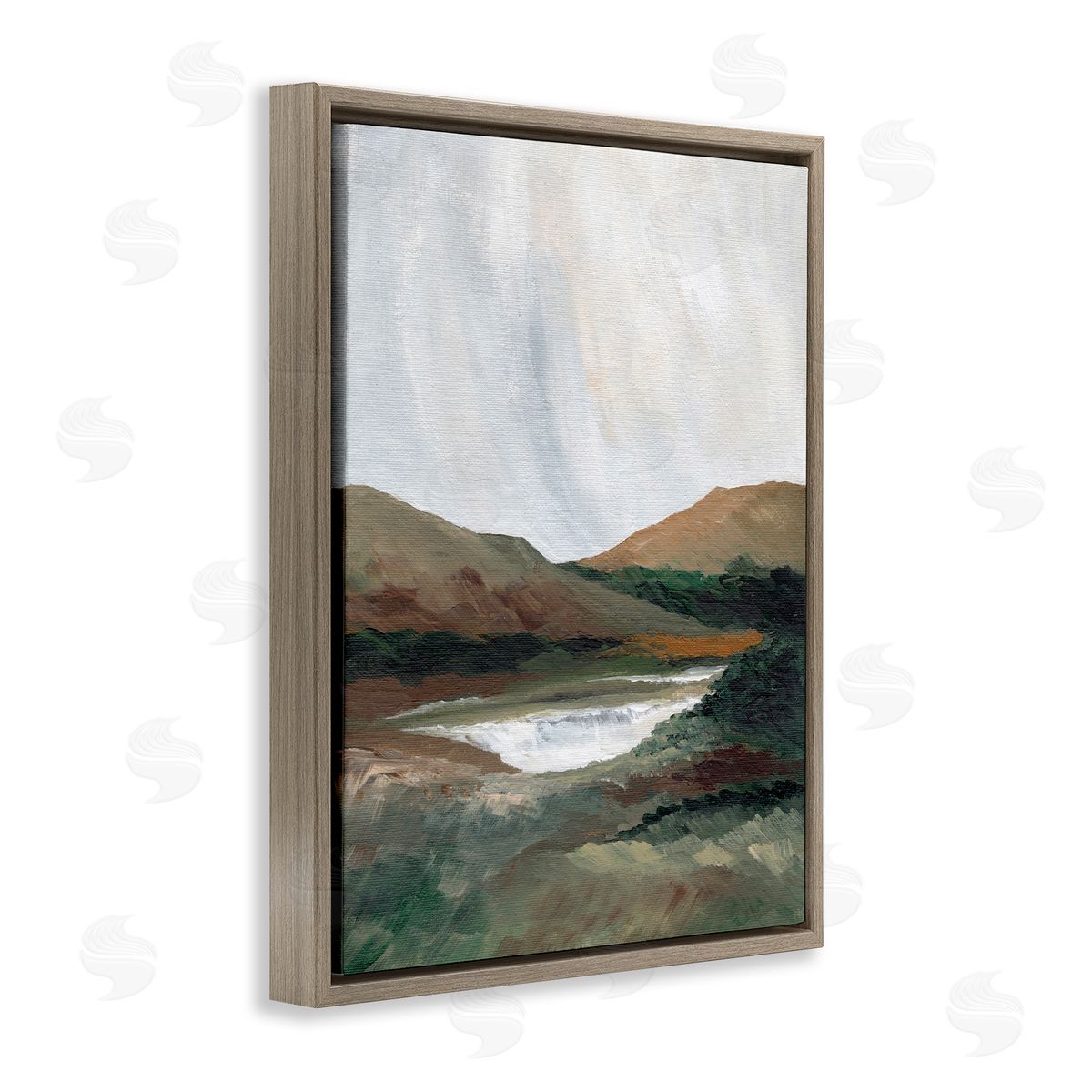 Two Mountains with Pond Brown Floating Frame Canvas Wall Art, Home Decor by Nikita Jariwala