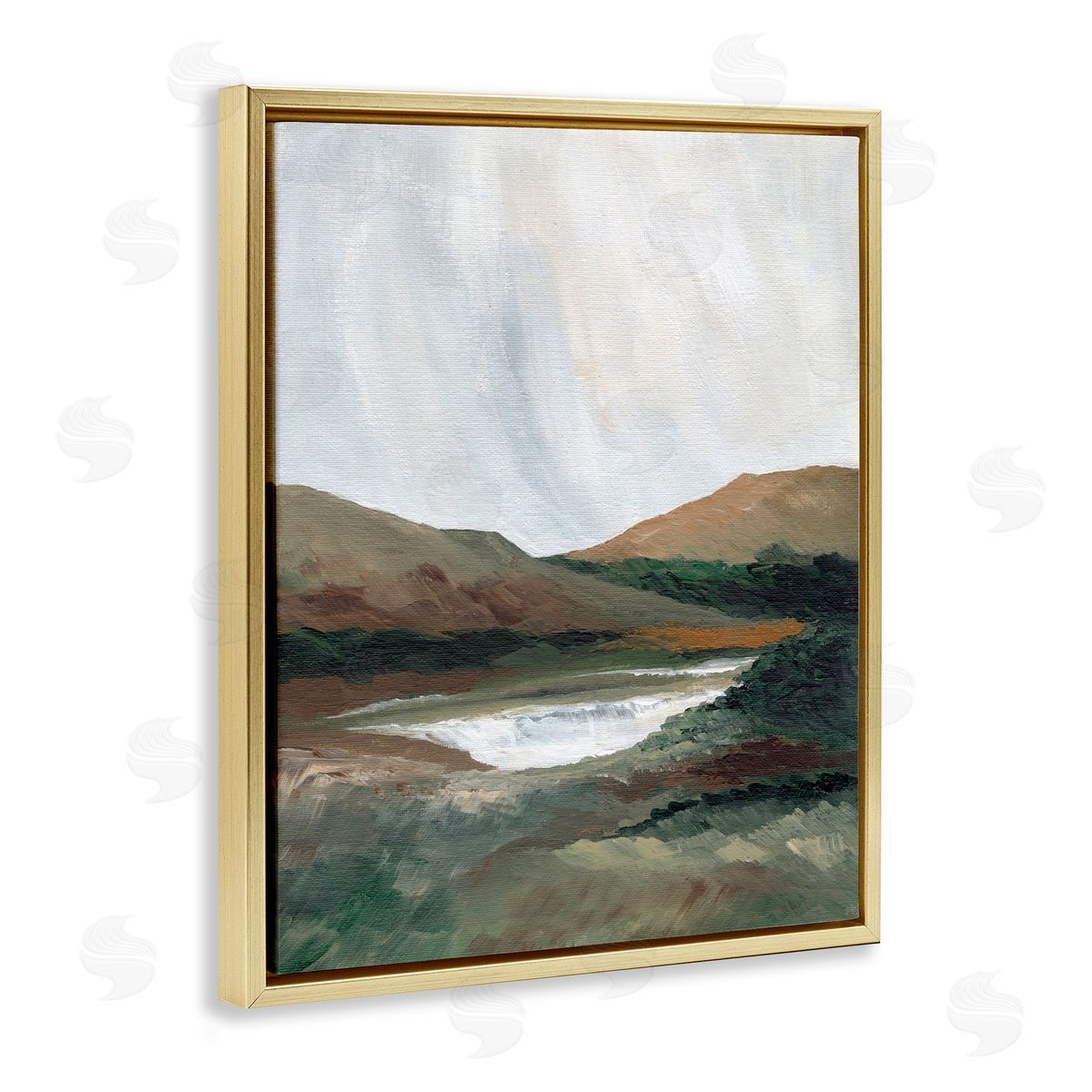 Two Mountains with Pond Gold Floating Frame Canvas Wall Art, Home Decor by Nikita Jariwala