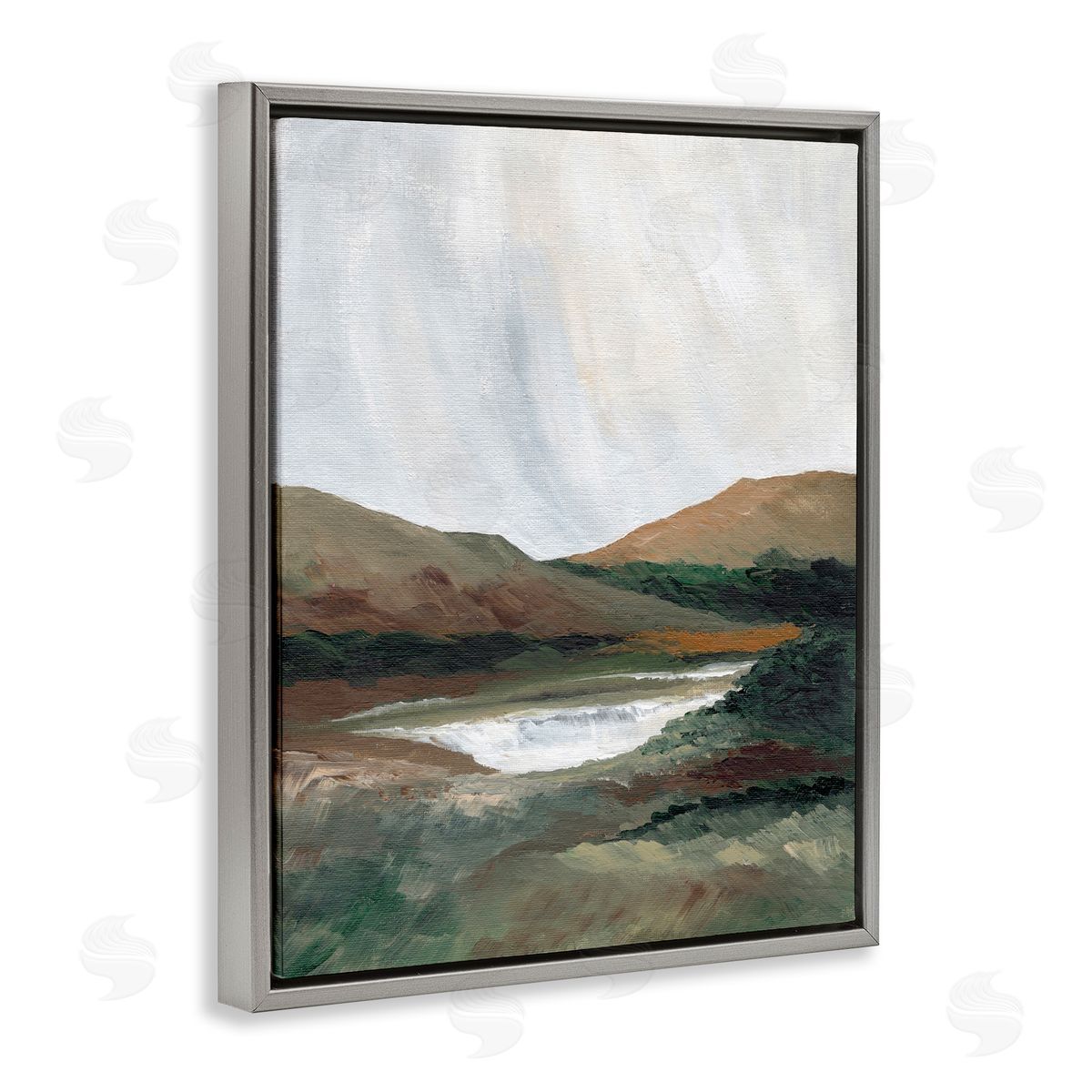Two Mountains with Pond Grey Floating Frame Canvas Wall Art, Home Decor by Nikita Jariwala