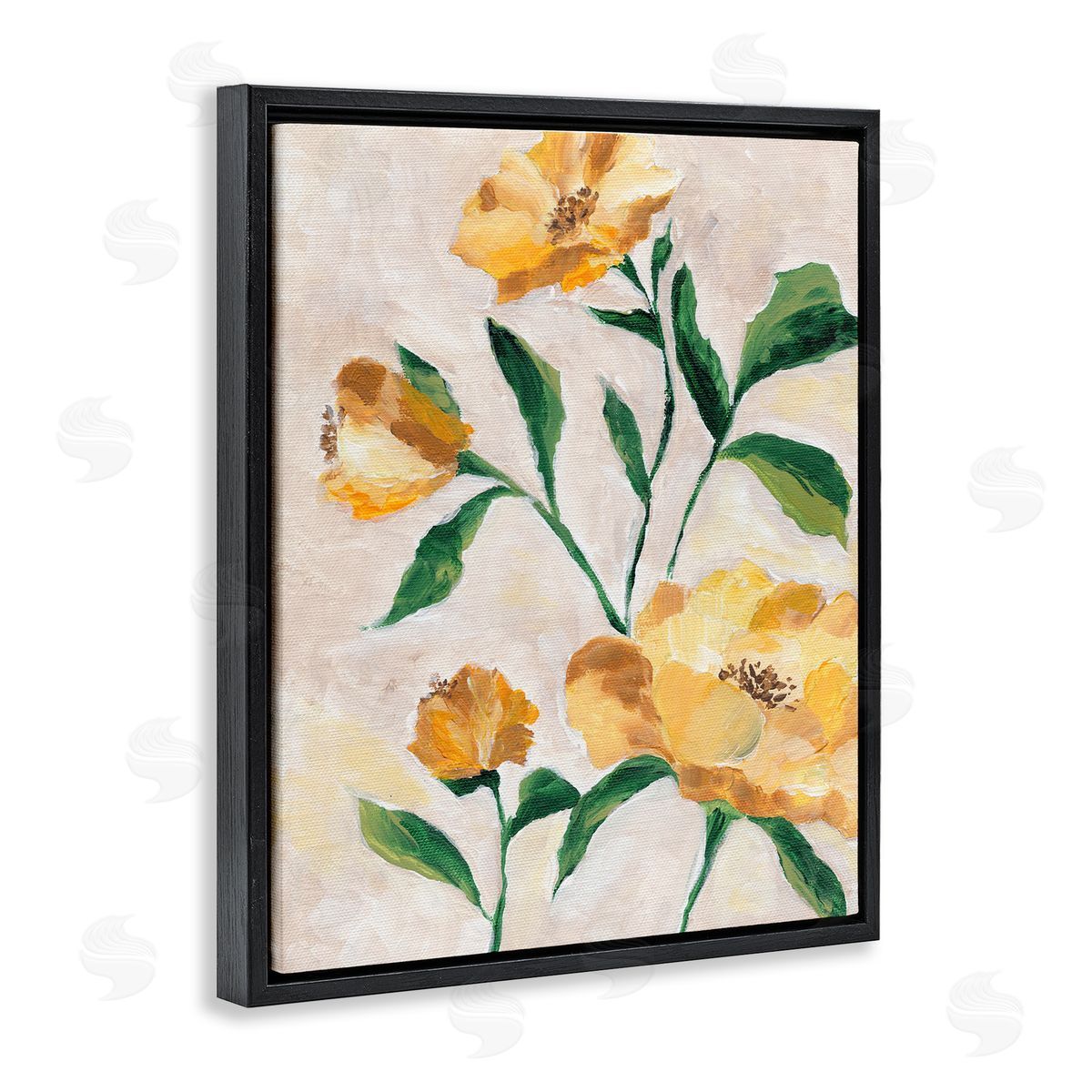 Yellow Camellia Blossoms Black Floating Frame Canvas Wall Art, Home Decor by Nikita Jariwala
