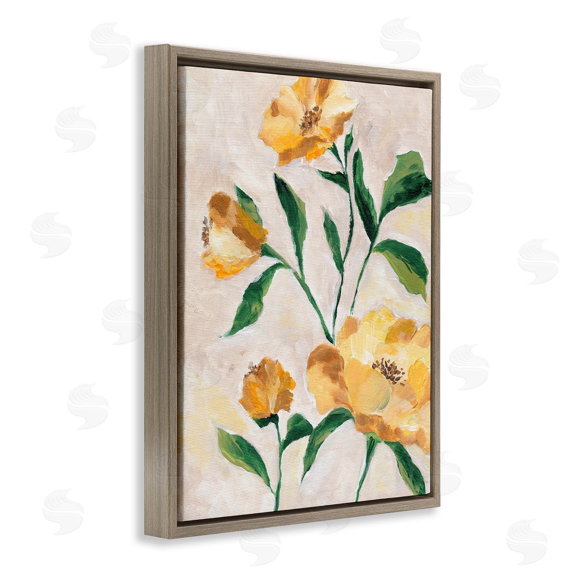 Yellow Camellia Blossoms Brown Floating Frame Canvas Wall Art, Home Decor by Nikita Jariwala