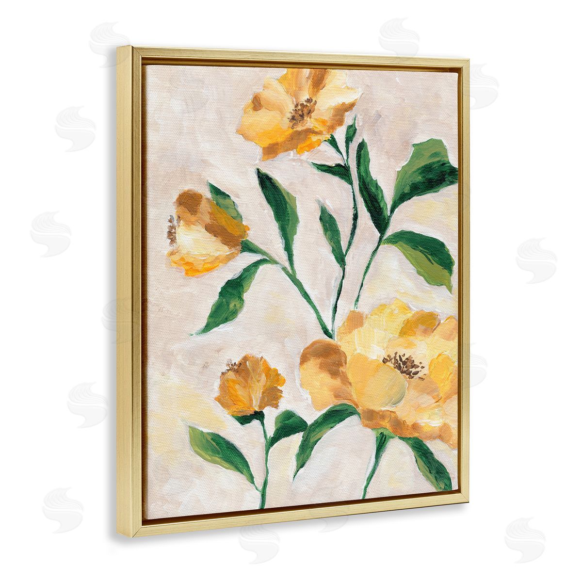 Yellow Camellia Blossoms Gold Floating Frame Canvas Wall Art, Home Decor by Nikita Jariwala
