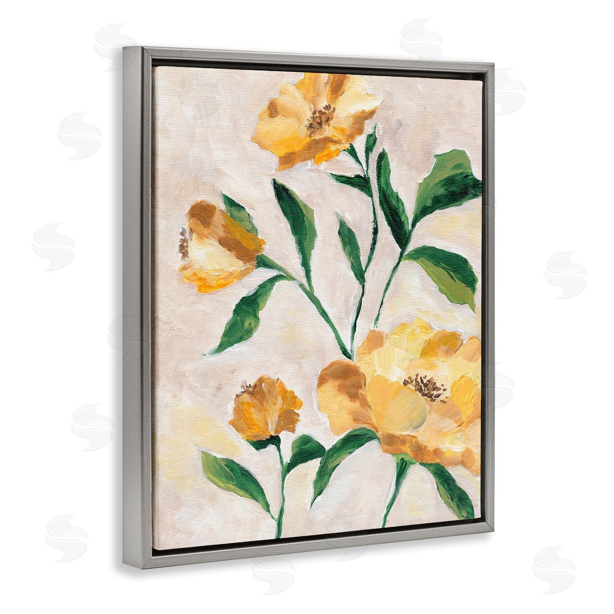 Yellow Camellia Blossoms Grey Floating Frame Canvas Wall Art, Home Decor by Nikita Jariwala