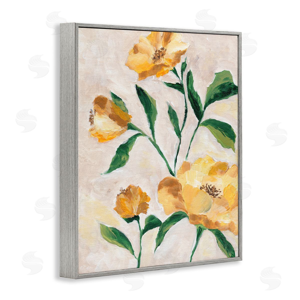 Yellow Camellia Blossoms Grey Frame Print Wall Art, Home Decor by Nikita Jariwala