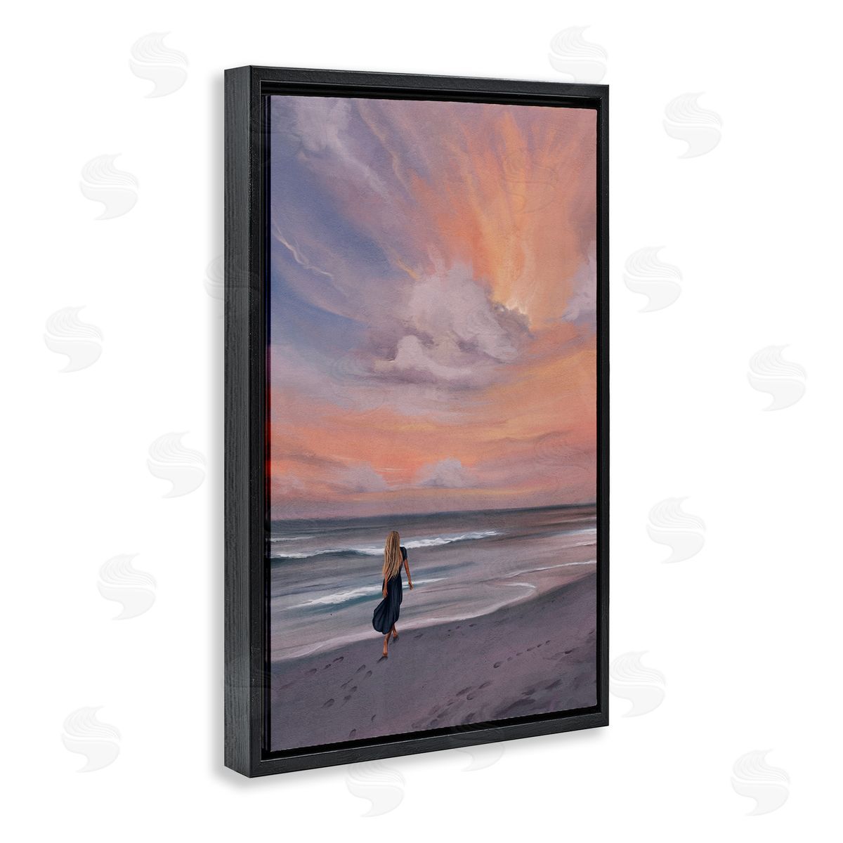 Sunset Beach Walk Black Floating Frame Canvas Wall Art, Home Decor by Svetlana Aleynikova