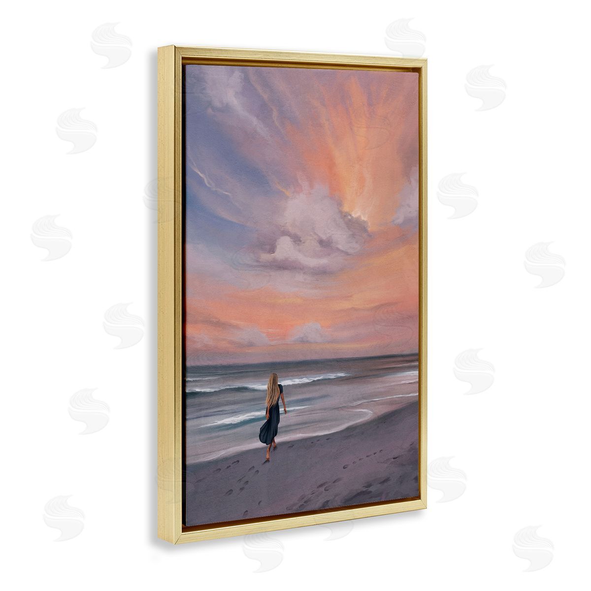 Sunset Beach Walk Gold Floating Frame Canvas Wall Art, Home Decor by Svetlana Aleynikova