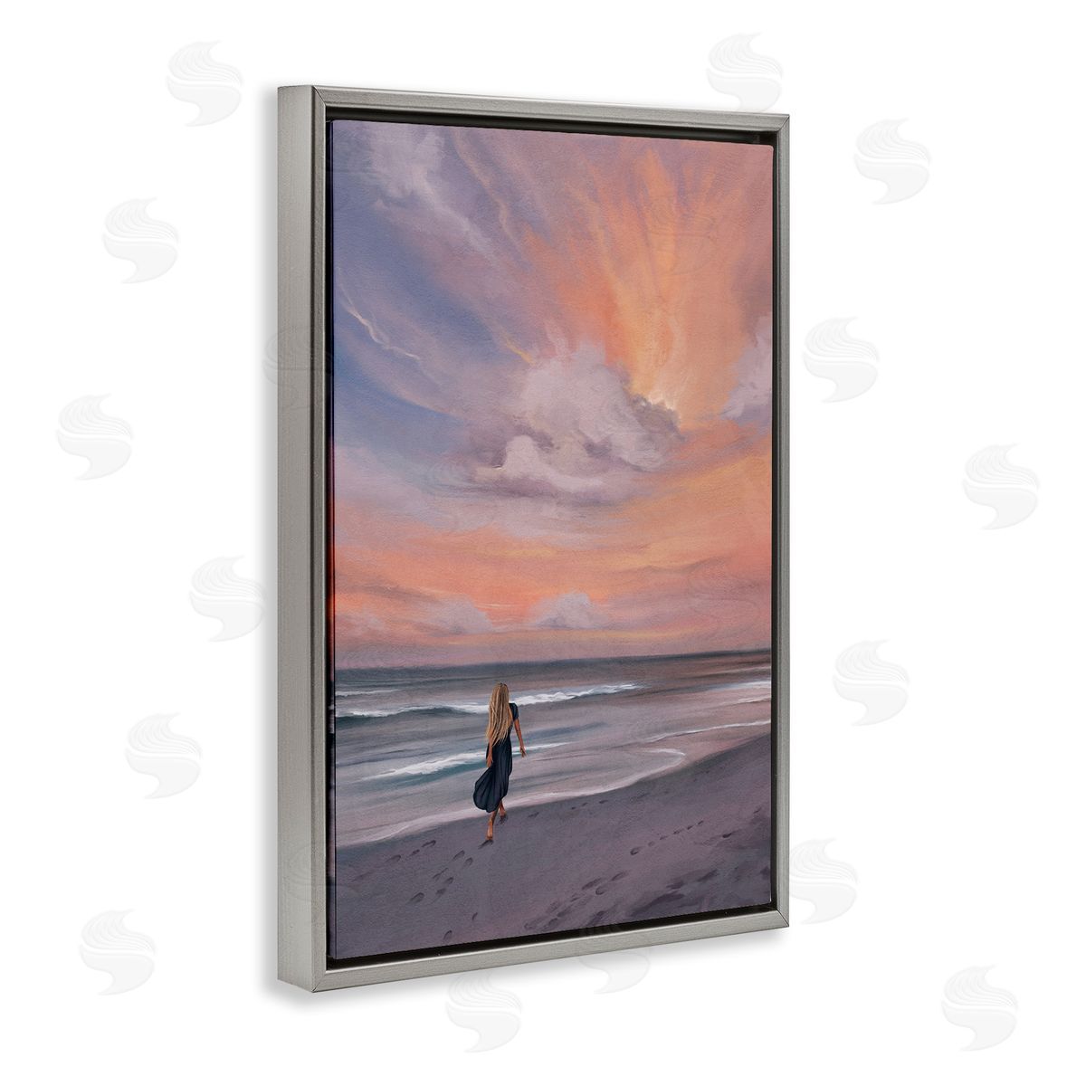 Sunset Beach Walk Grey Floating Frame Canvas Wall Art, Home Decor by Svetlana Aleynikova