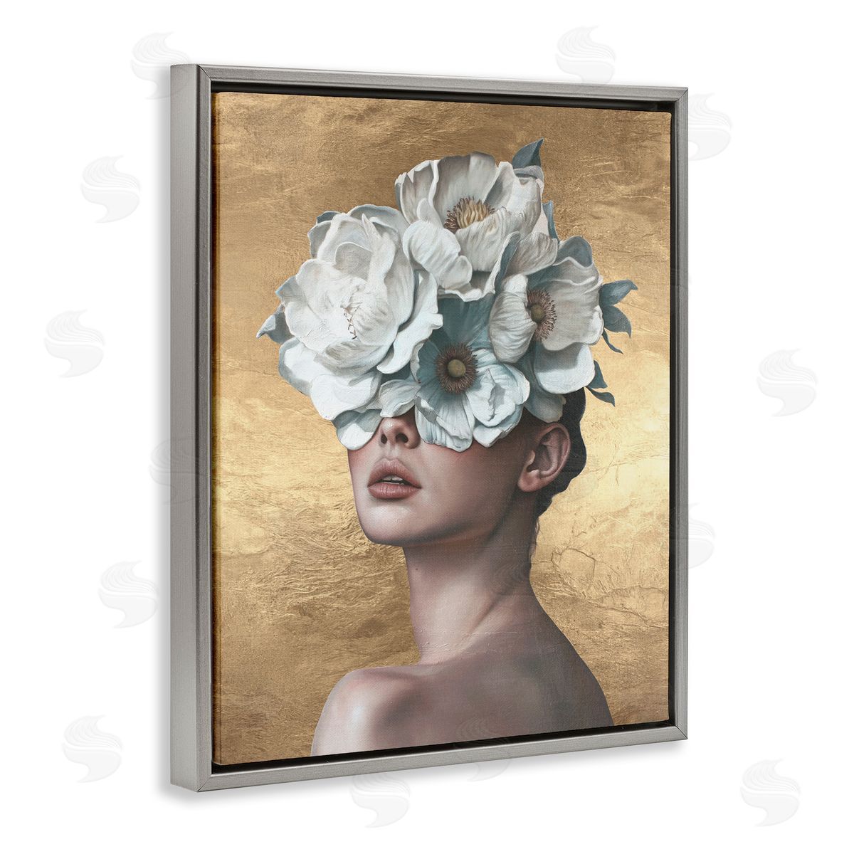 Flower Lady on Gold Grey Floating Frame Canvas Wall Art, Home Decor by Svetlana Aleynikova