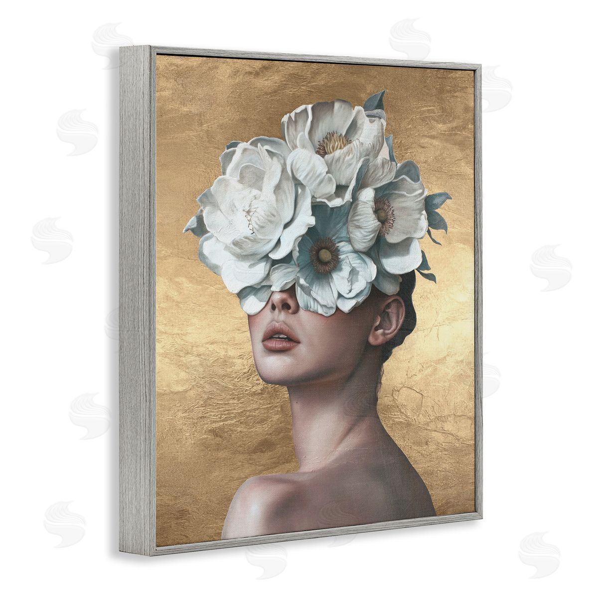 Flower Lady on Gold Grey Frame Print Wall Art, Home Decor by Svetlana Aleynikova