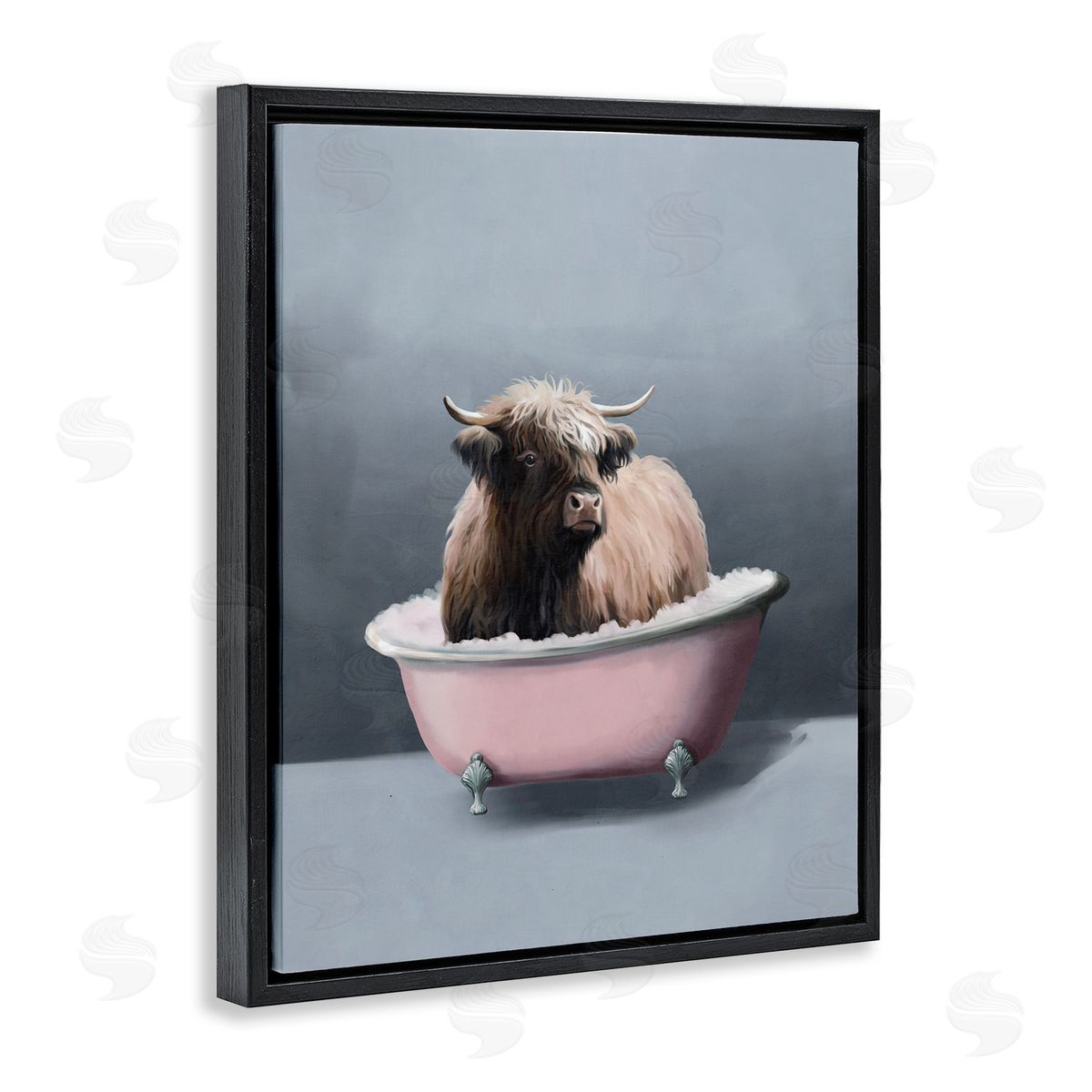 Buffalo in Pink Tub Black Floating Frame Canvas Wall Art, Home Decor by Svetlana Aleynikova