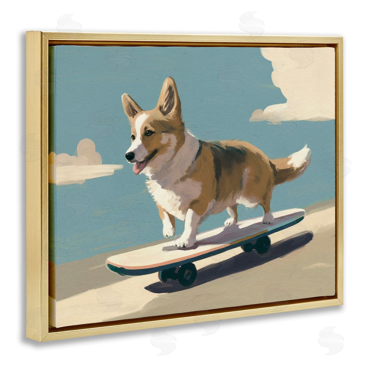 Skateboarding Corgi Dog Gold Floating Frame Canvas Wall Art, Home Decor by Svetlana Aleynikova