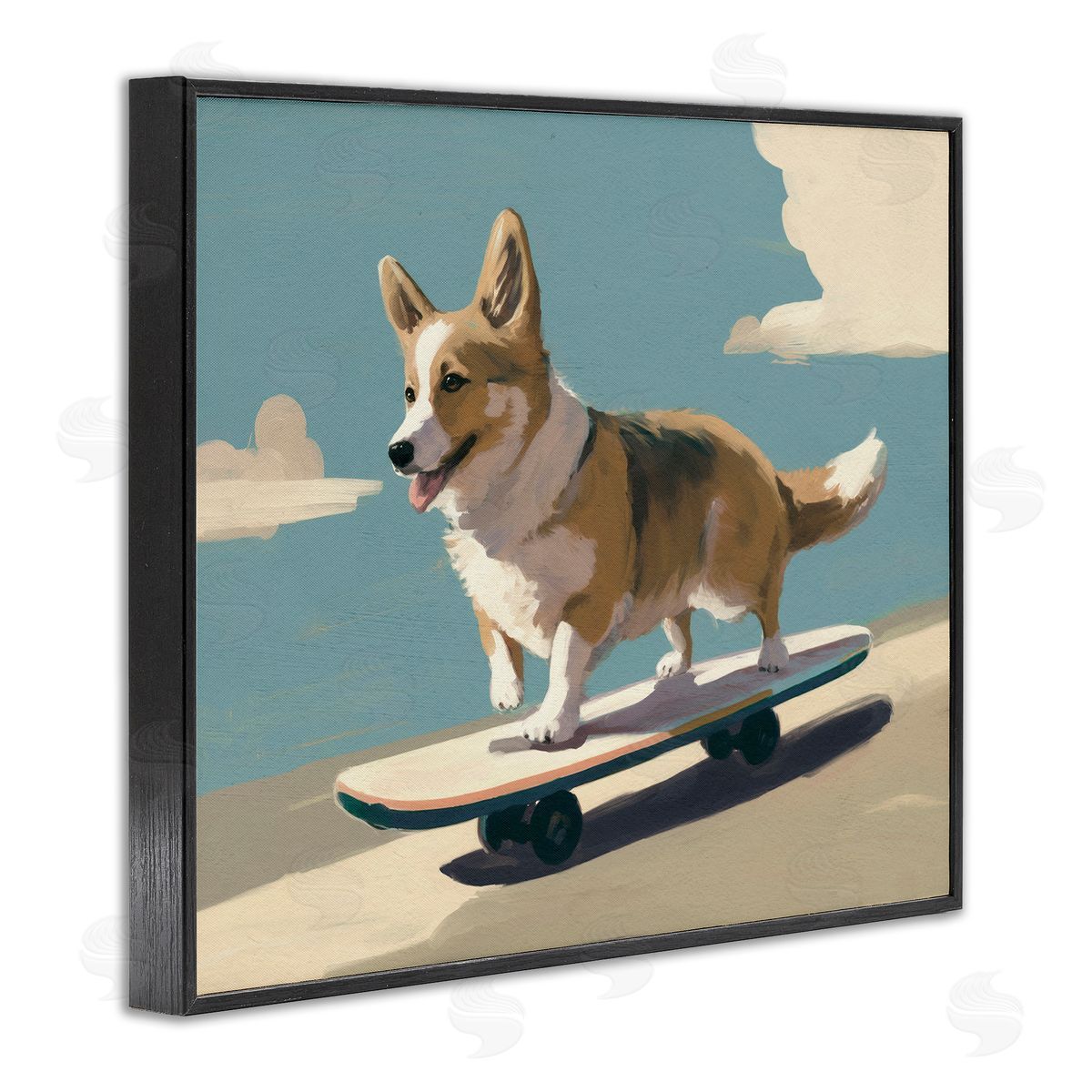 Skateboarding Corgi Dog Black Frame Print Wall Art, Home Decor by Svetlana Aleynikova