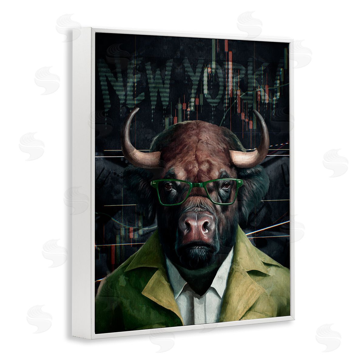 Stylish Bull New York White Frame Print Wall Art, Home Decor by Svetlana Aleynikova