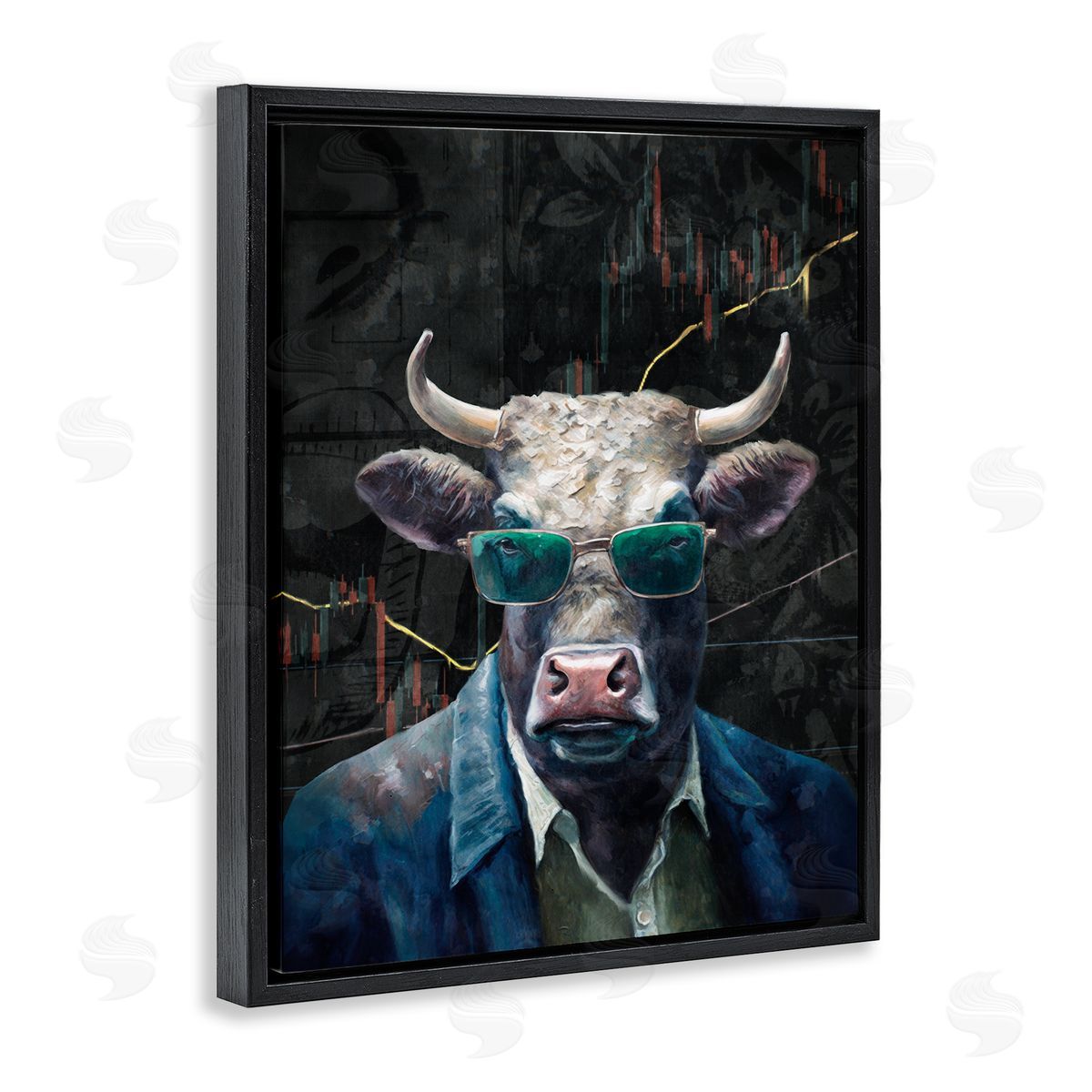 Bull in Sunglasses Black Floating Frame Canvas Wall Art, Home Decor by Svetlana Aleynikova
