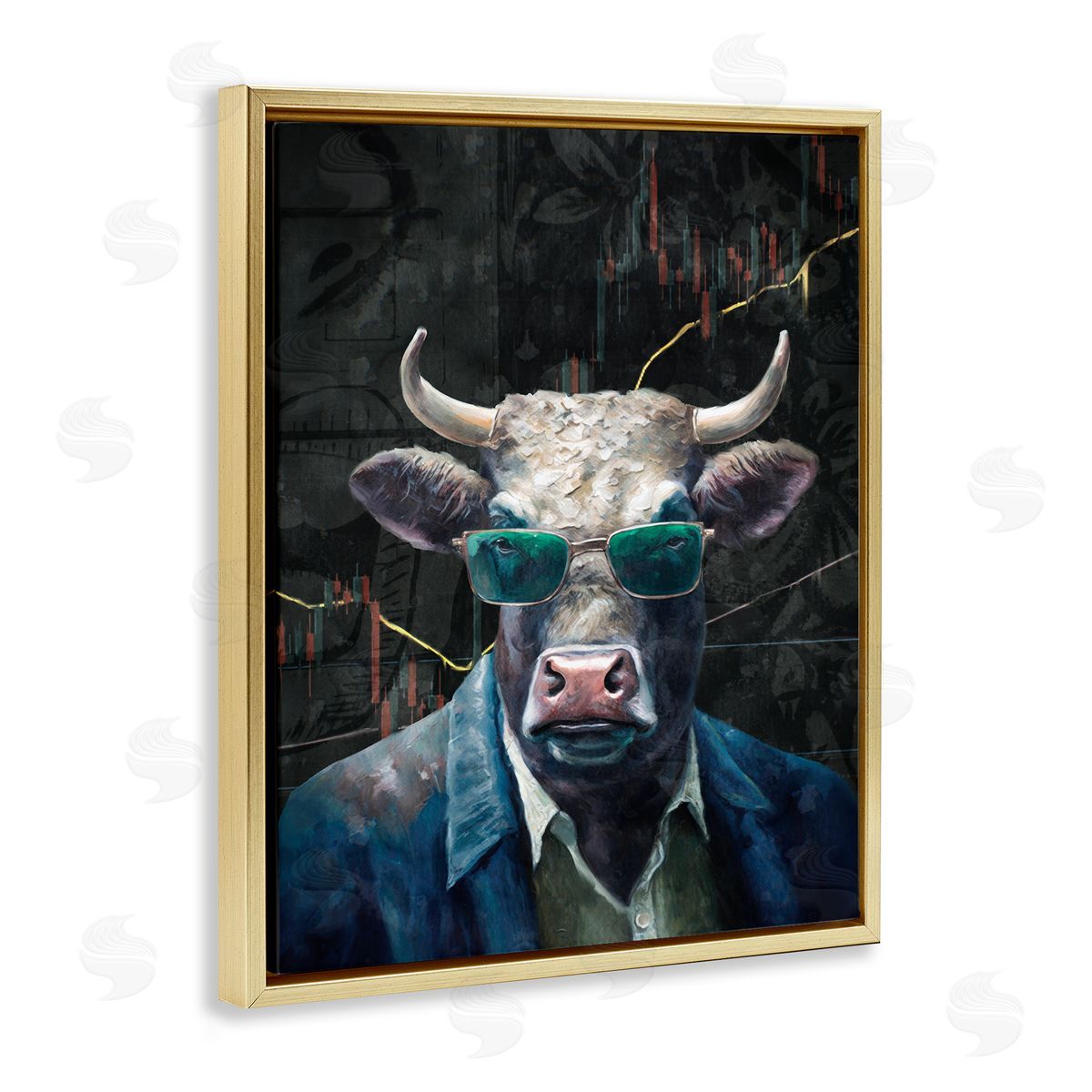 Bull in Sunglasses Gold Floating Frame Canvas Wall Art, Home Decor by Svetlana Aleynikova