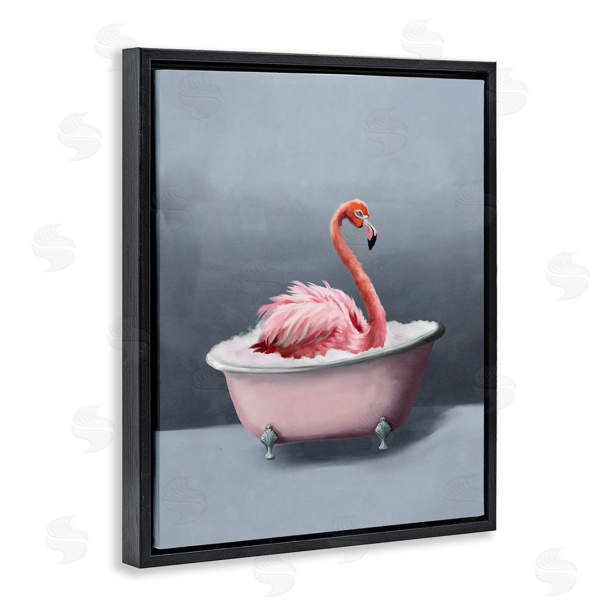 Flamingo in Bathtub Black Floating Frame Canvas Wall Art, Home Decor by Svetlana Aleynikova