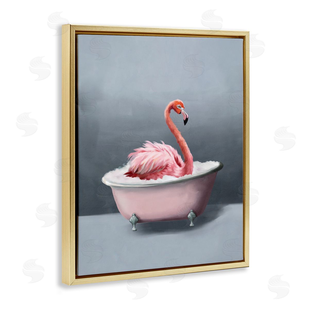 Flamingo in Bathtub Gold Floating Frame Canvas Wall Art, Home Decor by Svetlana Aleynikova