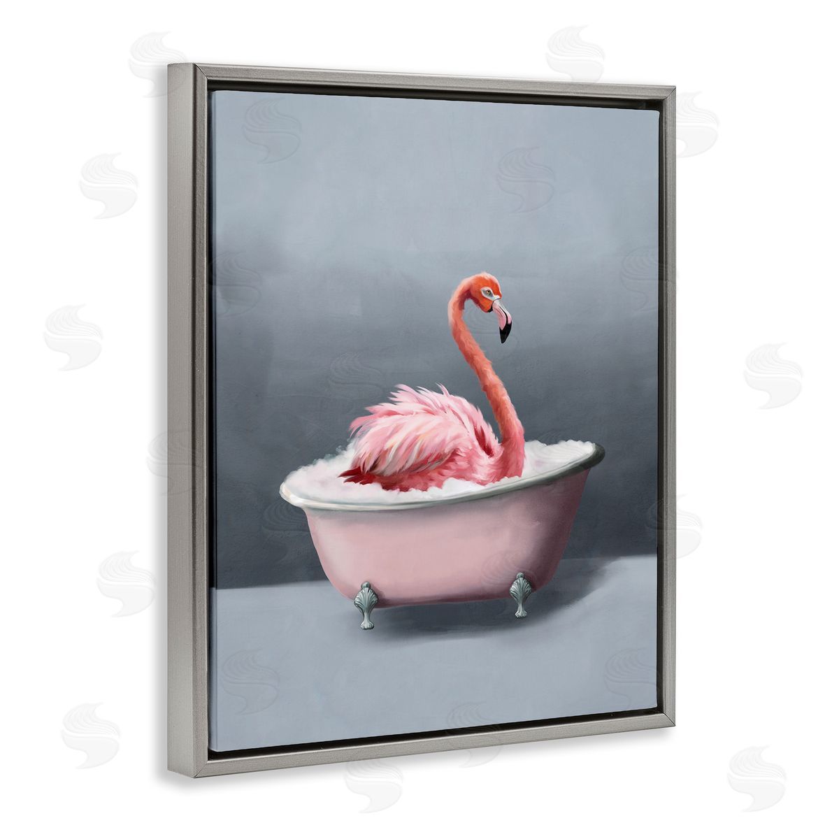Flamingo in Bathtub Grey Floating Frame Canvas Wall Art, Home Decor by Svetlana Aleynikova