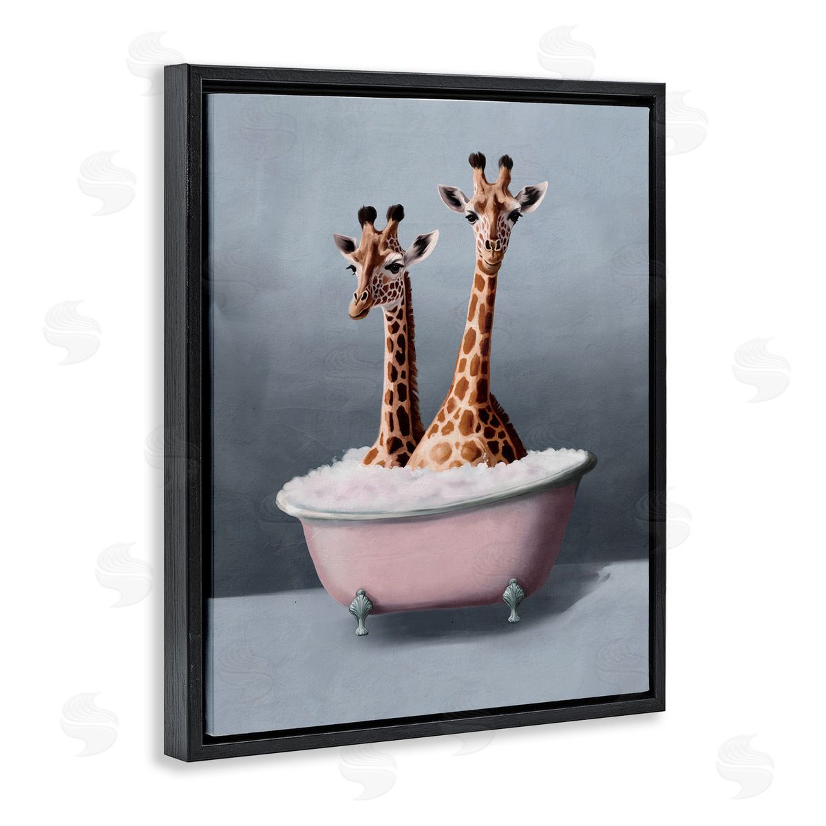 Giraffe Pair in Tub Black Floating Frame Canvas Wall Art, Home Decor by Svetlana Aleynikova