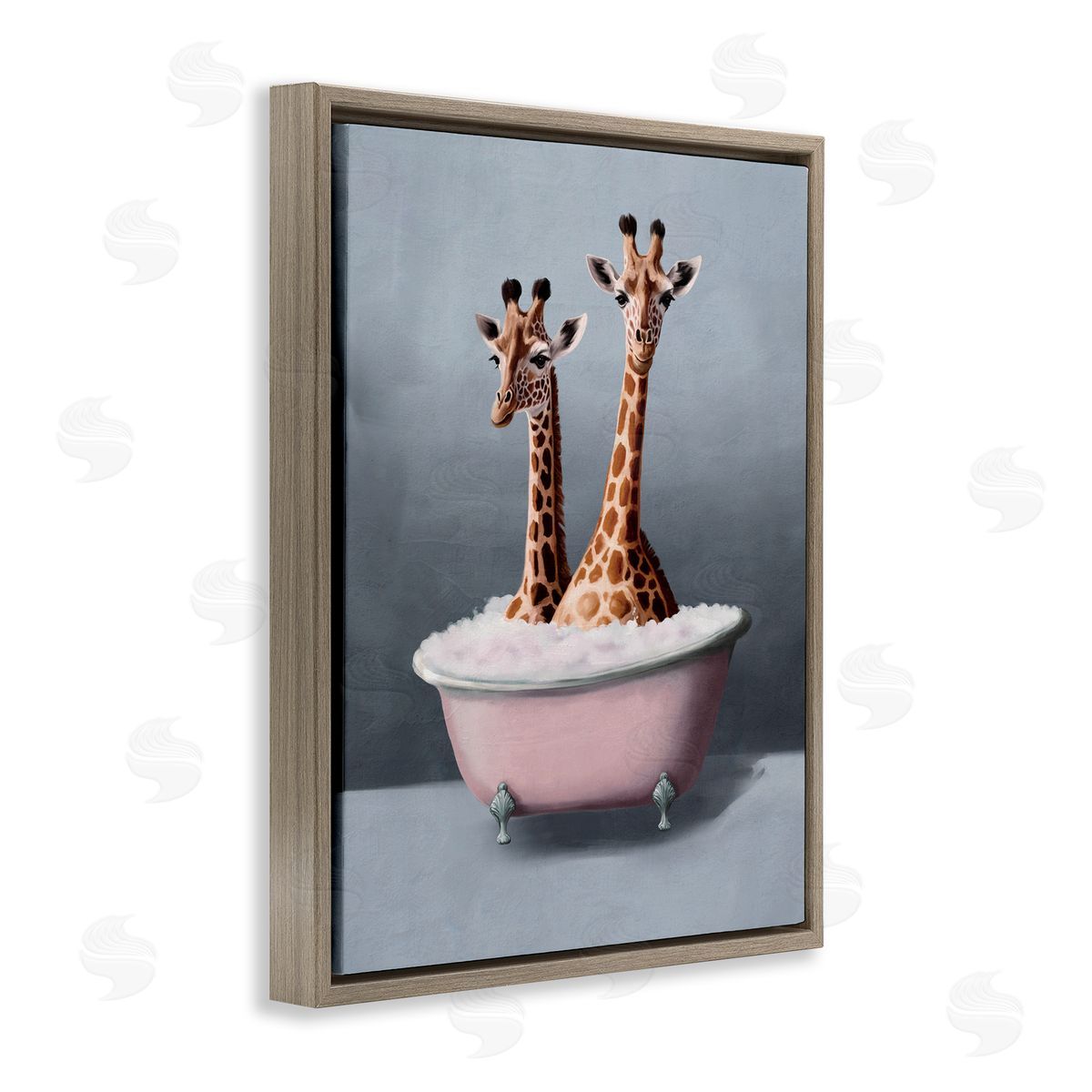 Giraffe Pair in Tub Brown Floating Frame Canvas Wall Art, Home Decor by Svetlana Aleynikova