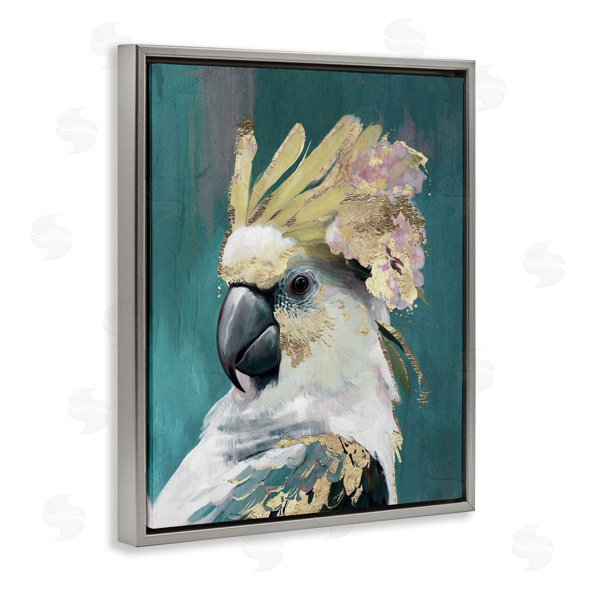 Cockatoo with Gold Accents Grey Floating Frame Canvas Wall Art, Home Decor by Svetlana Aleynikova