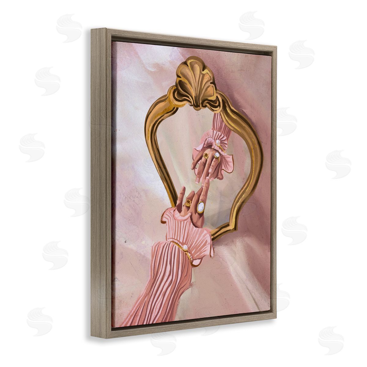 Chic Hand Mirror Reflection Brown Floating Frame Canvas Wall Art, Home Decor by Svetlana Aleynikova