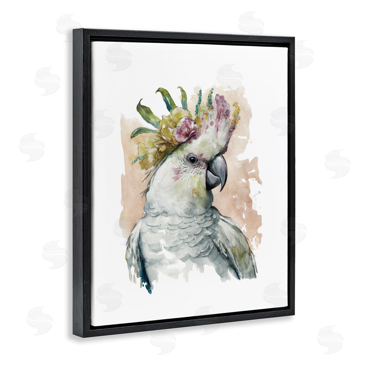 Cockatiel with Pink Flower Black Floating Frame Canvas Wall Art, Home Decor by Svetlana Aleynikova