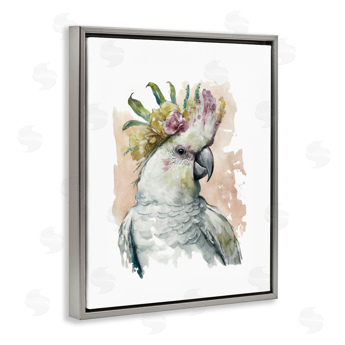 Cockatiel with Pink Flower Grey Floating Frame Canvas Wall Art, Home Decor by Svetlana Aleynikova
