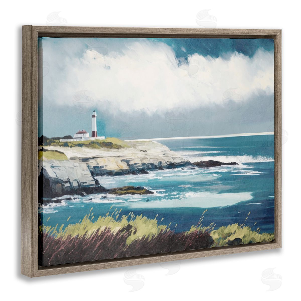 Windswept Lighthouse Grasses Brown Floating Frame Canvas Wall Art, Home Decor by Svetlana Aleynikova