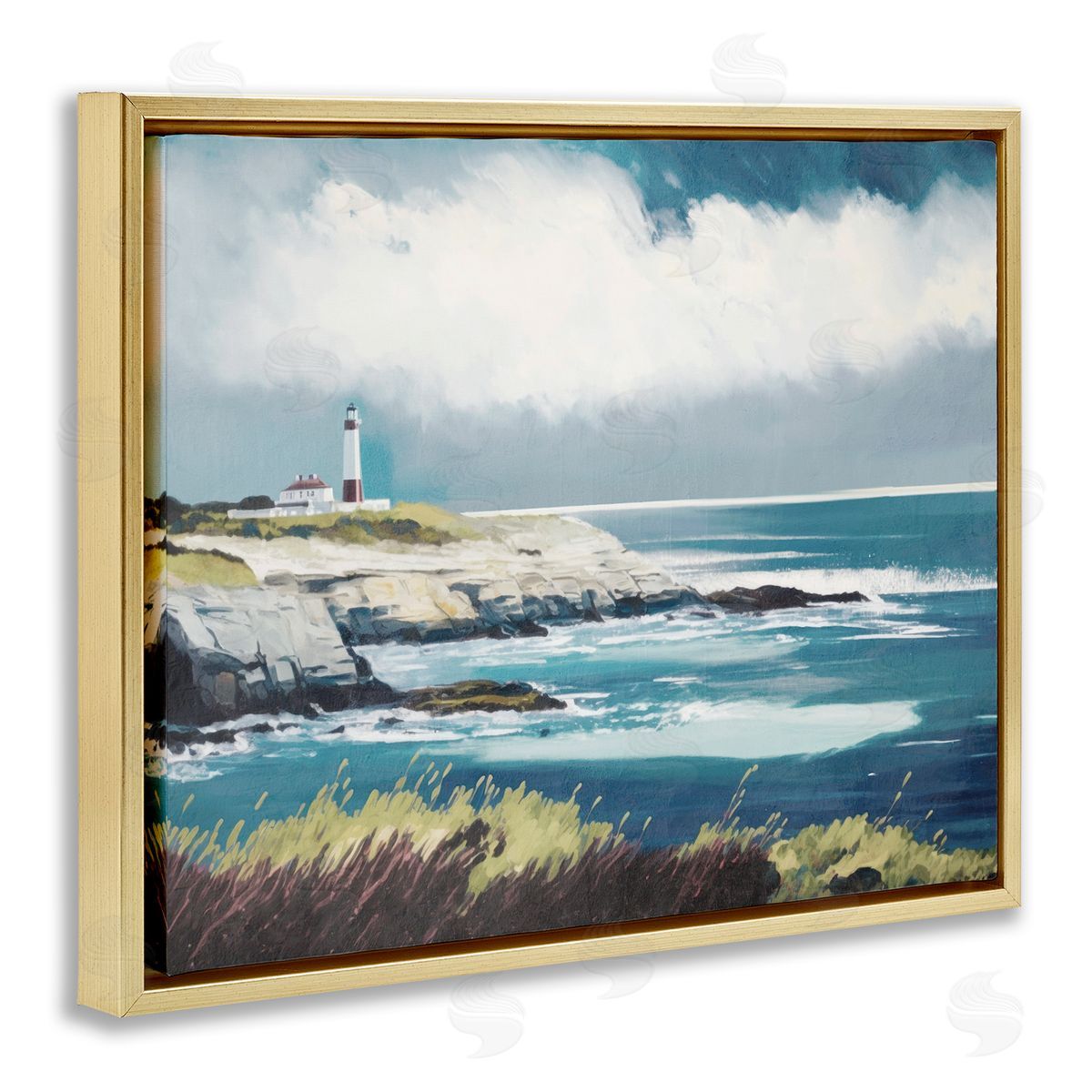 Windswept Lighthouse Grasses Gold Floating Frame Canvas Wall Art, Home Decor by Svetlana Aleynikova