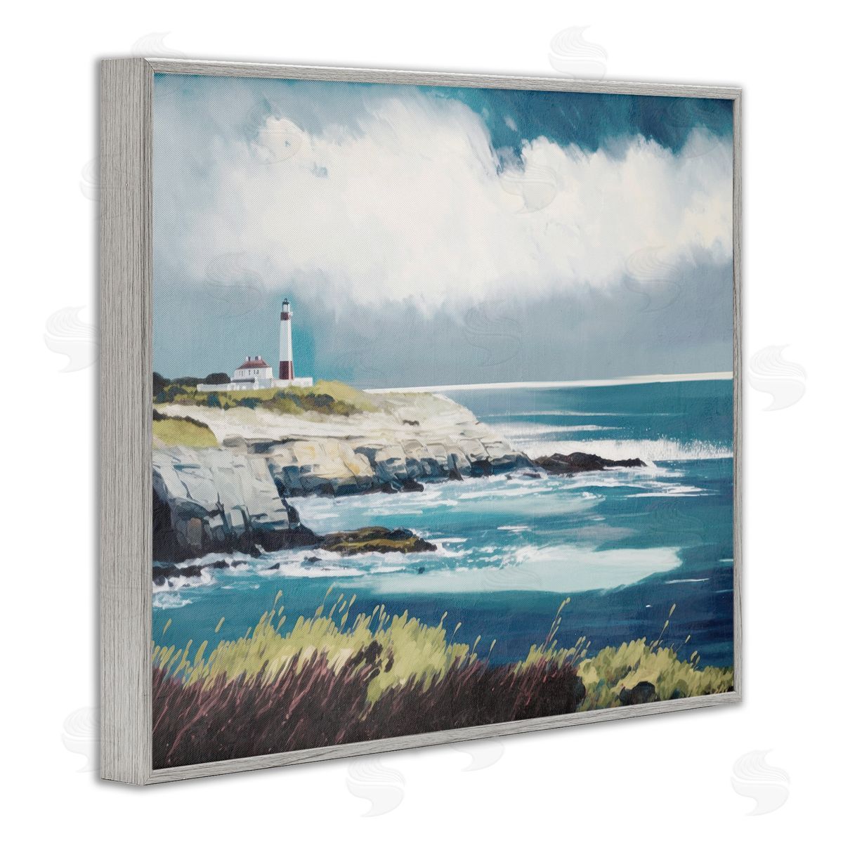 Windswept Lighthouse Grasses Grey Frame Print Wall Art, Home Decor by Svetlana Aleynikova