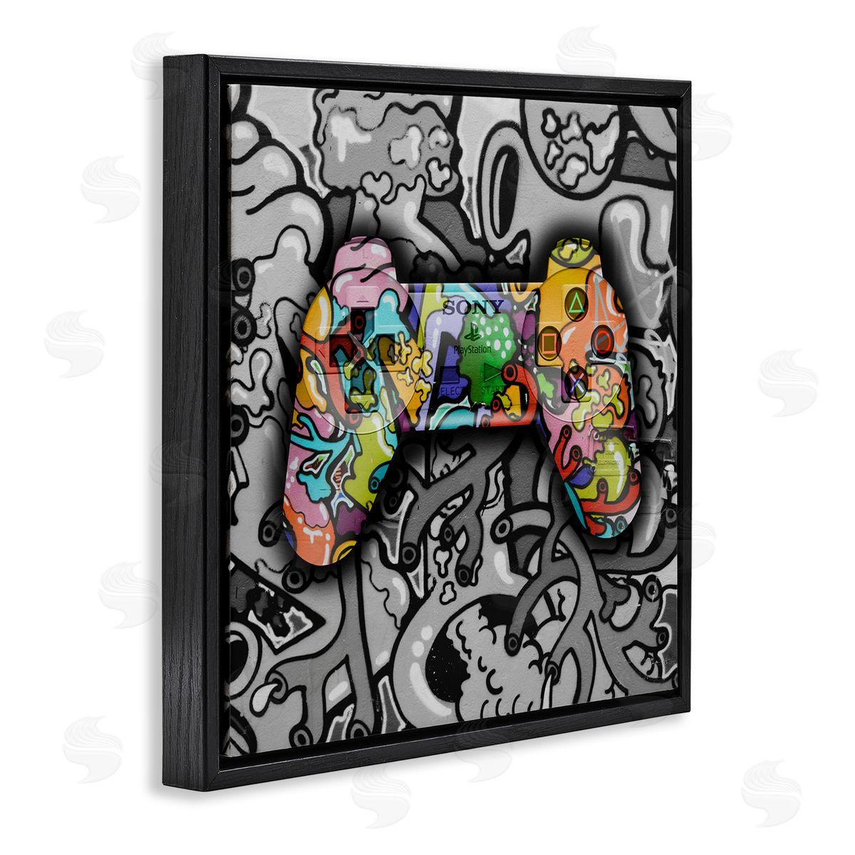 Urban Patterned Controller Black Floating Frame Canvas Wall Art, Home Decor by Svetlana Aleynikova