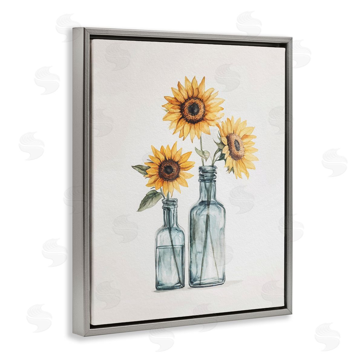 Sunflowers in Bottles Trio Grey Floating Frame Canvas Wall Art, Home Decor by Svetlana Aleynikova