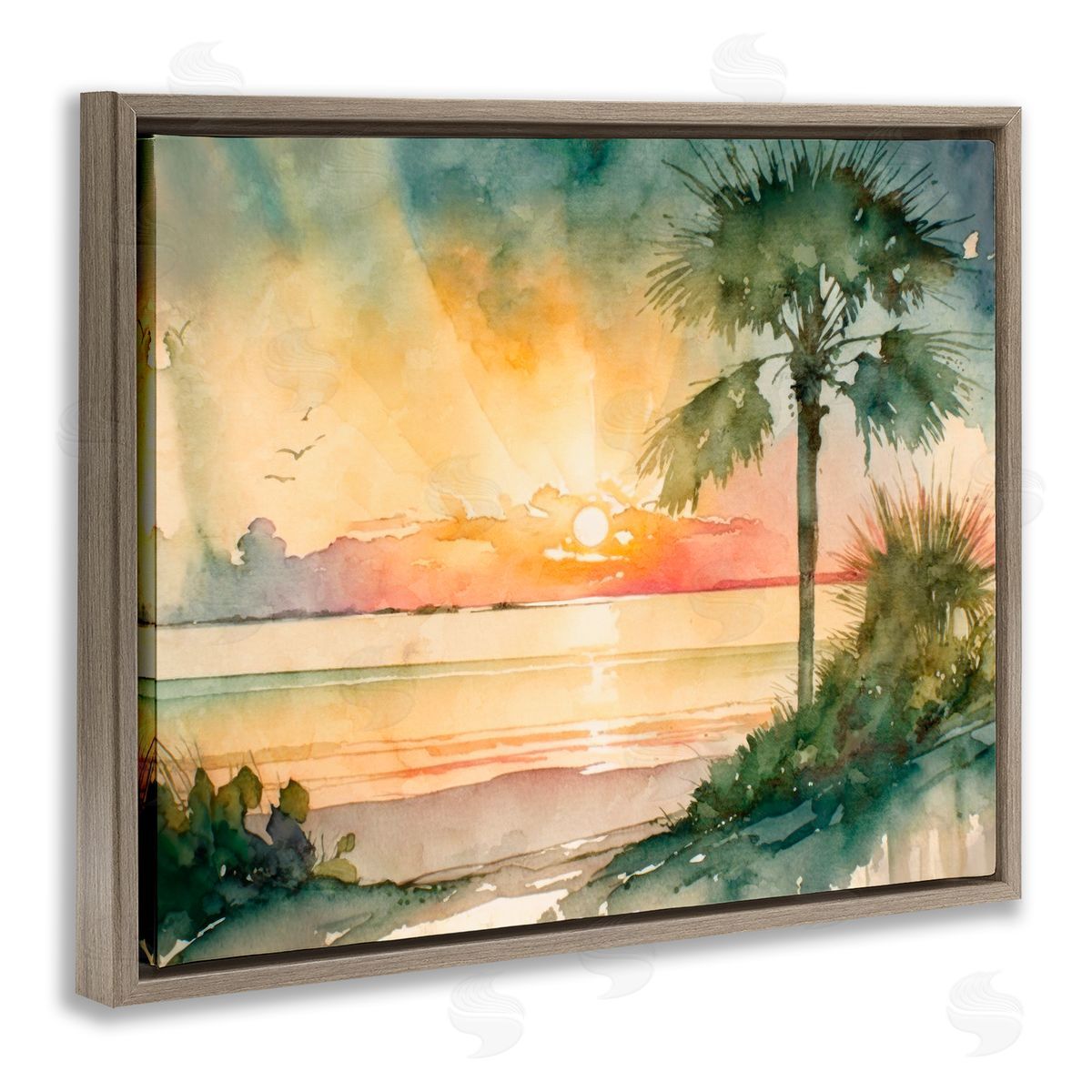 Sunrise Through Palms Brown Floating Frame Canvas Wall Art, Home Decor by Svetlana Aleynikova