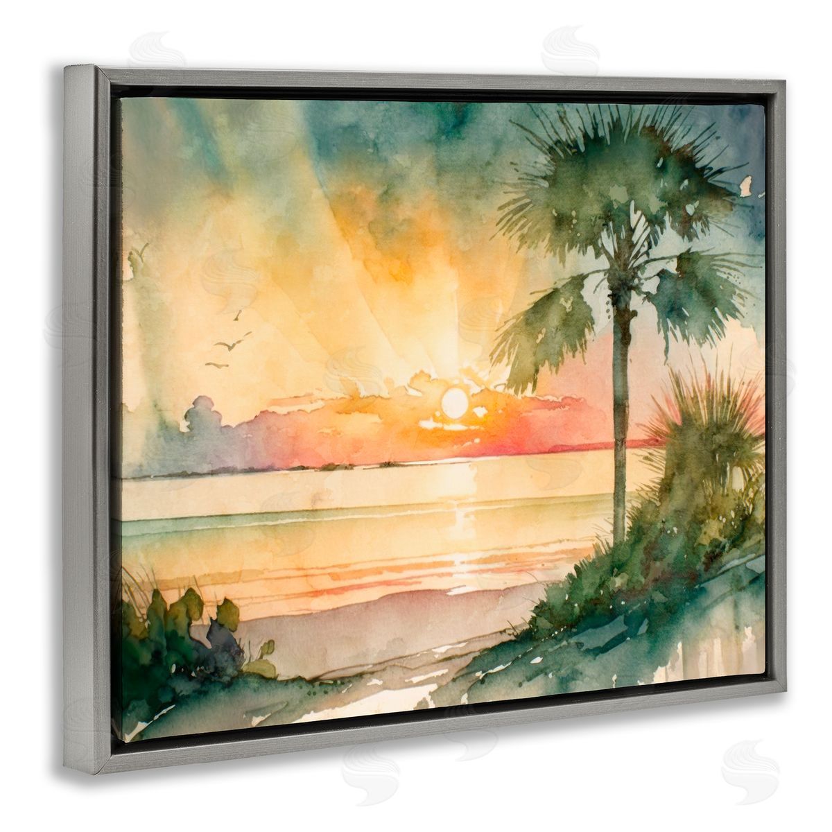 Sunrise Through Palms Grey Floating Frame Canvas Wall Art, Home Decor by Svetlana Aleynikova