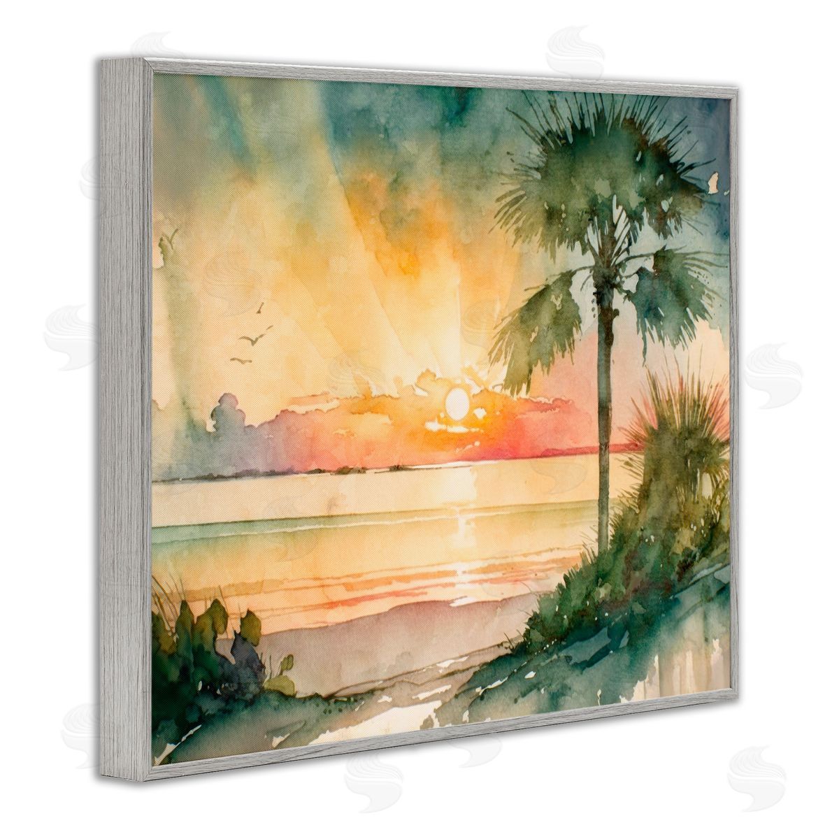 Sunrise Through Palms Grey Frame Print Wall Art, Home Decor by Svetlana Aleynikova