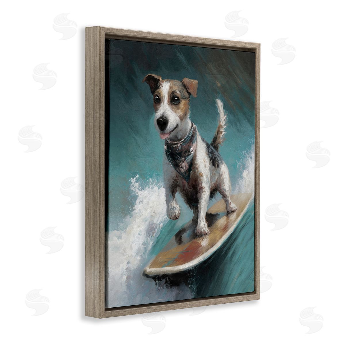 Beachy Surfer Dog Brown Floating Frame Canvas Wall Art, Home Decor by Svetlana Aleynikova