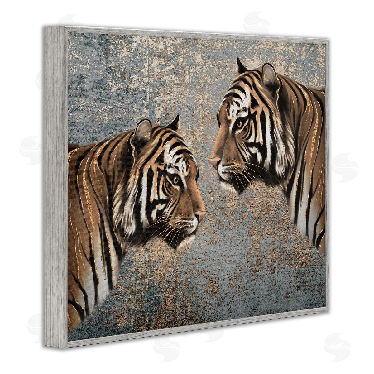 Mirrored Tiger Duo Grey Frame Print Wall Art, Home Decor by Svetlana Aleynikova