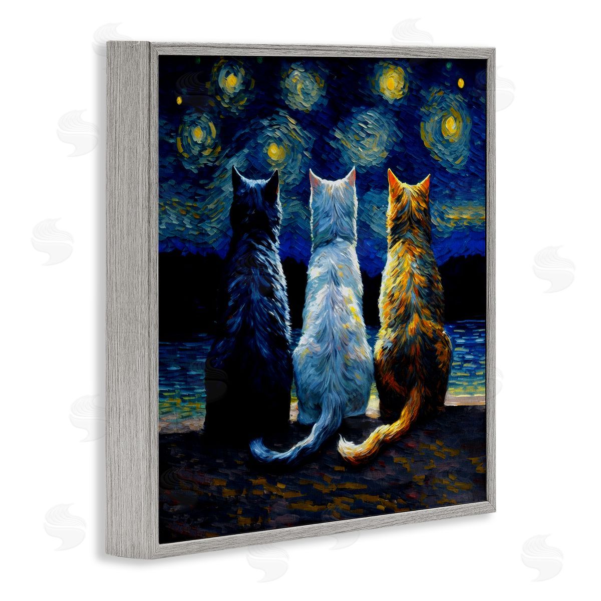 Van Gogh Style Cats Grey Frame Print Wall Art, Home Decor by Svetlana Aleynikova