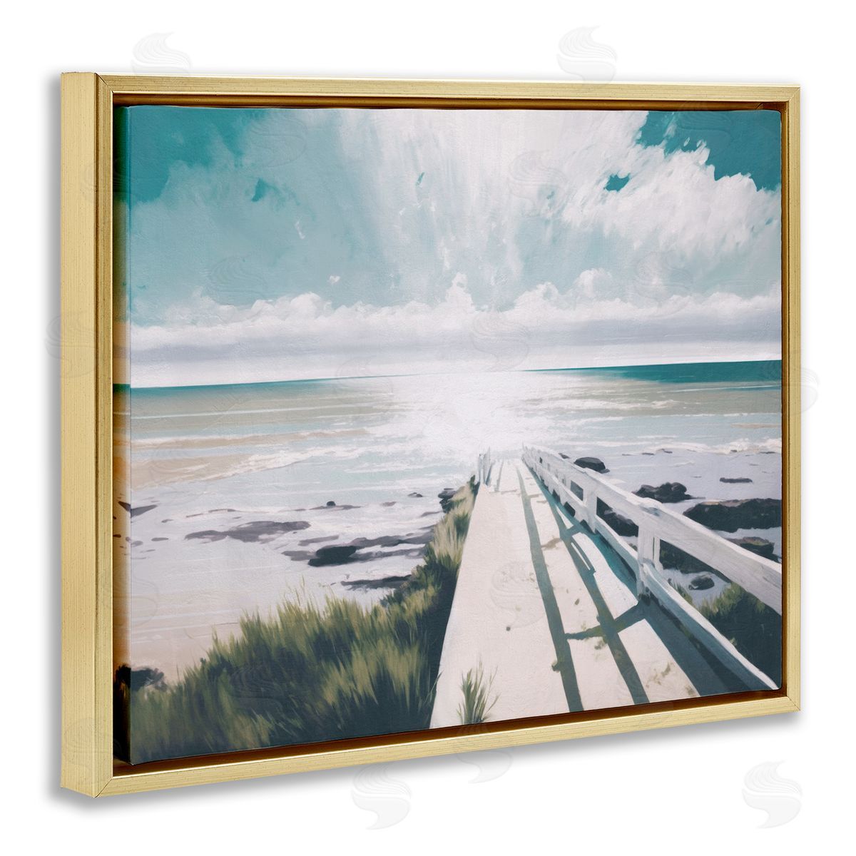 White Bridge to Shore Gold Floating Frame Canvas Wall Art, Home Decor by Svetlana Aleynikova